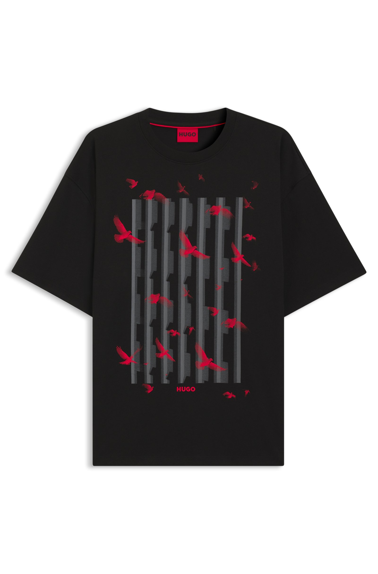 Camiseta negra HUGO con diseño de aves