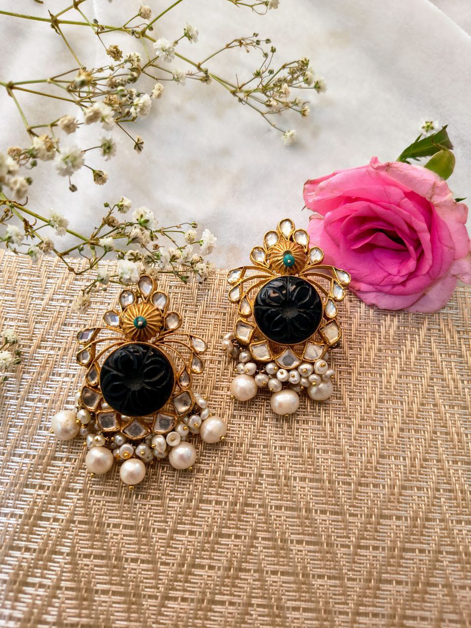 Elegant Pearl and Black Stone Earrings