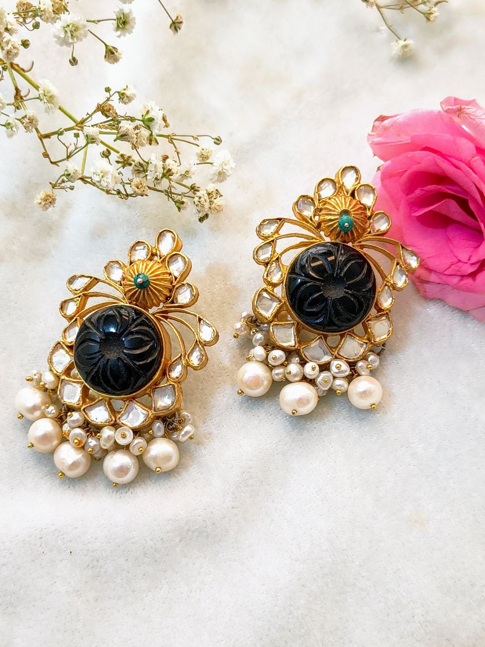 Elegant Pearl and Black Stone Earrings