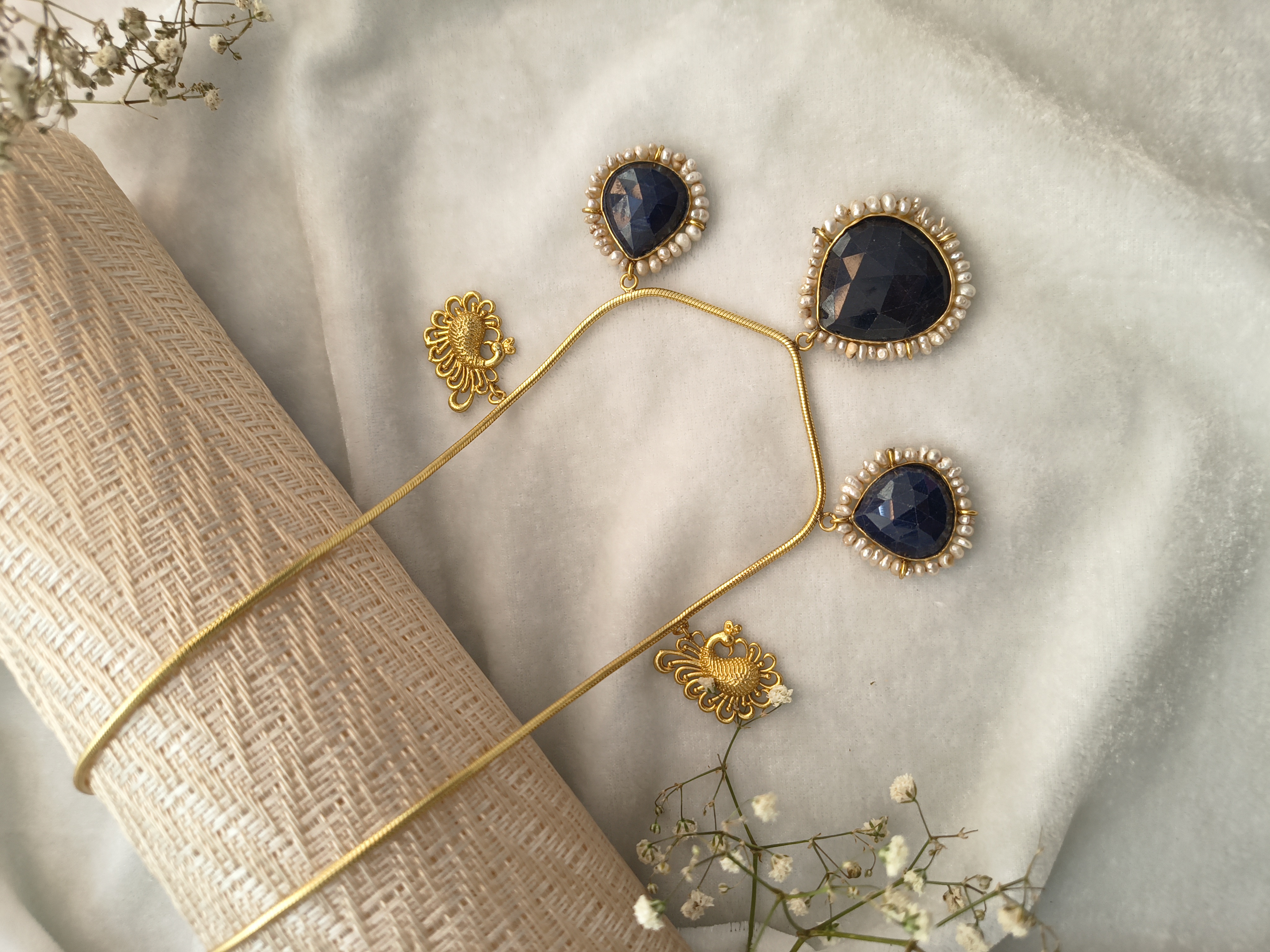 Glass Filled Sapphire Necklace With Gold Plated Chain 