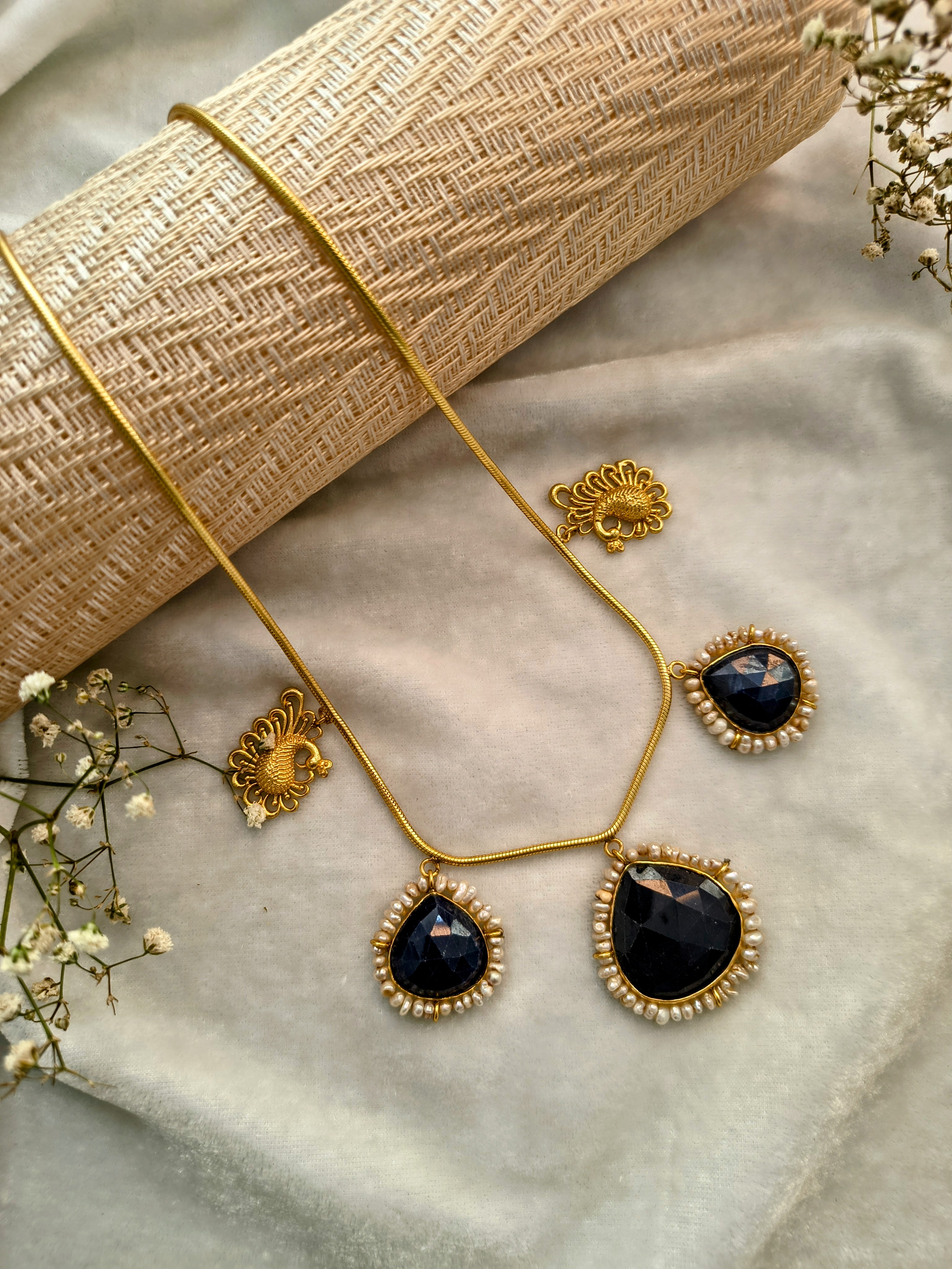 Glass Filled Sapphire Necklace With Gold Plated Chain 