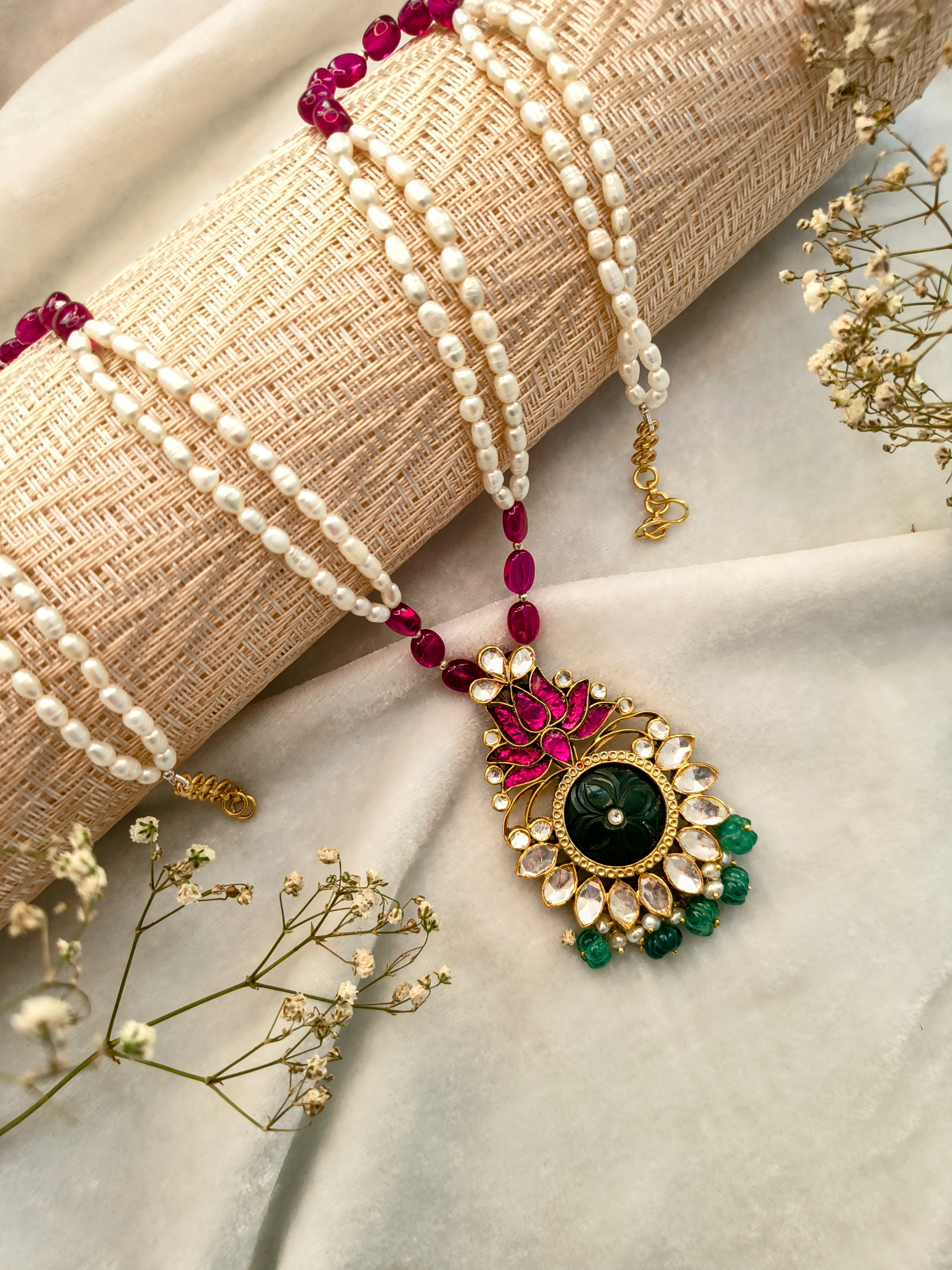 Kundan Pearl Necklace with Carved Green Pendant