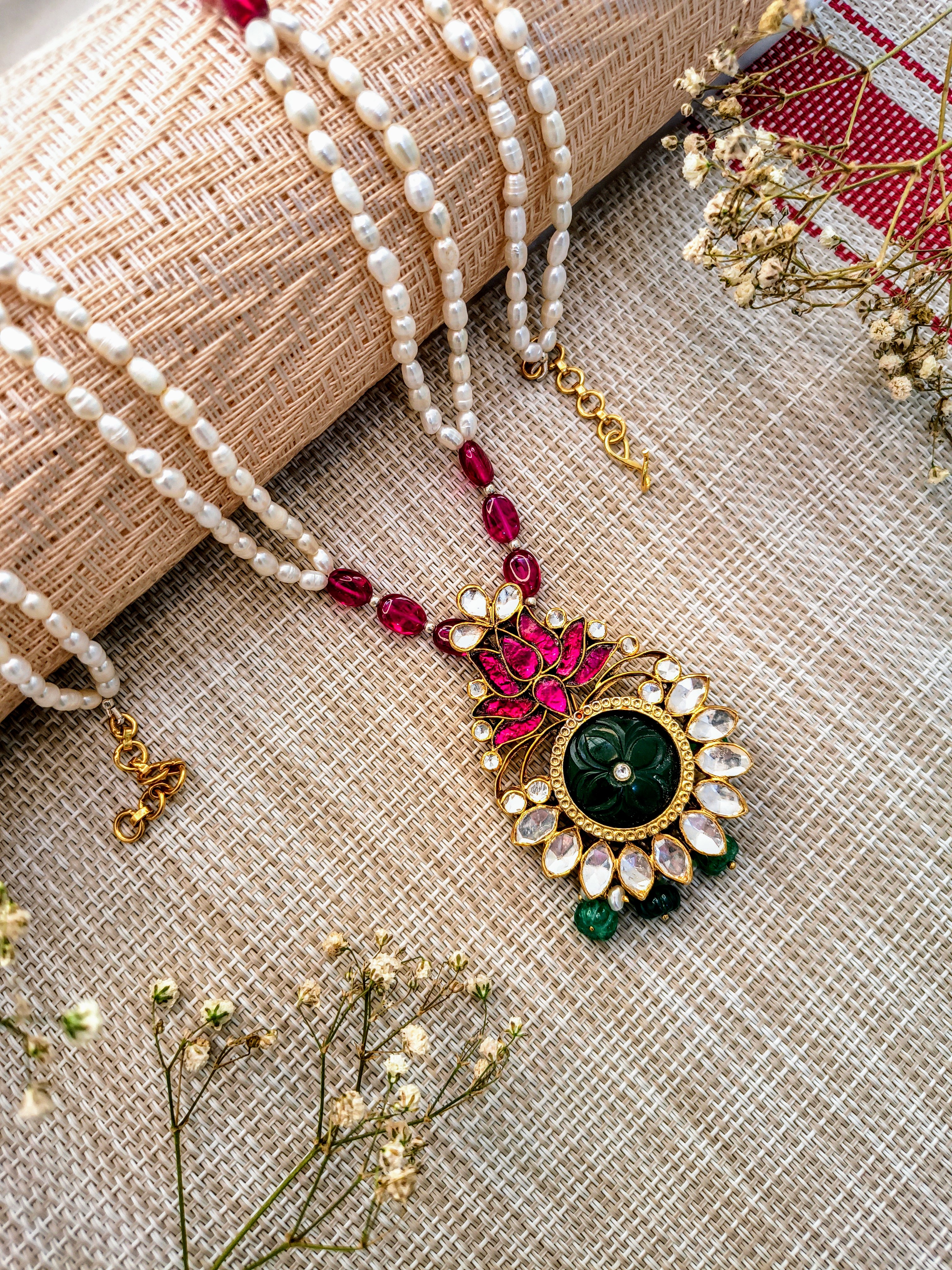 Kundan Pearl Necklace with Carved Green Pendant