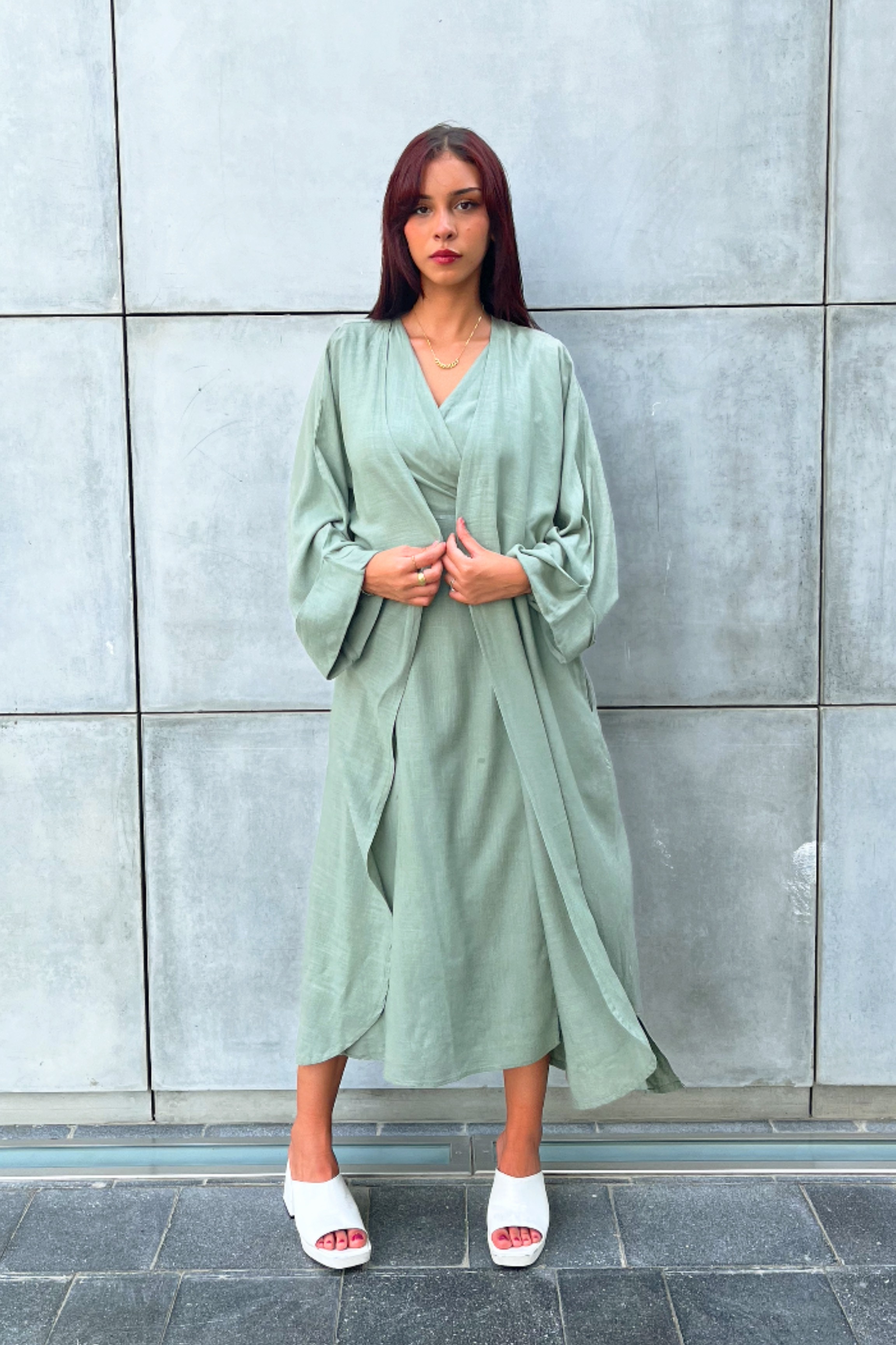 Linen Wrap Dress & Abaya Set