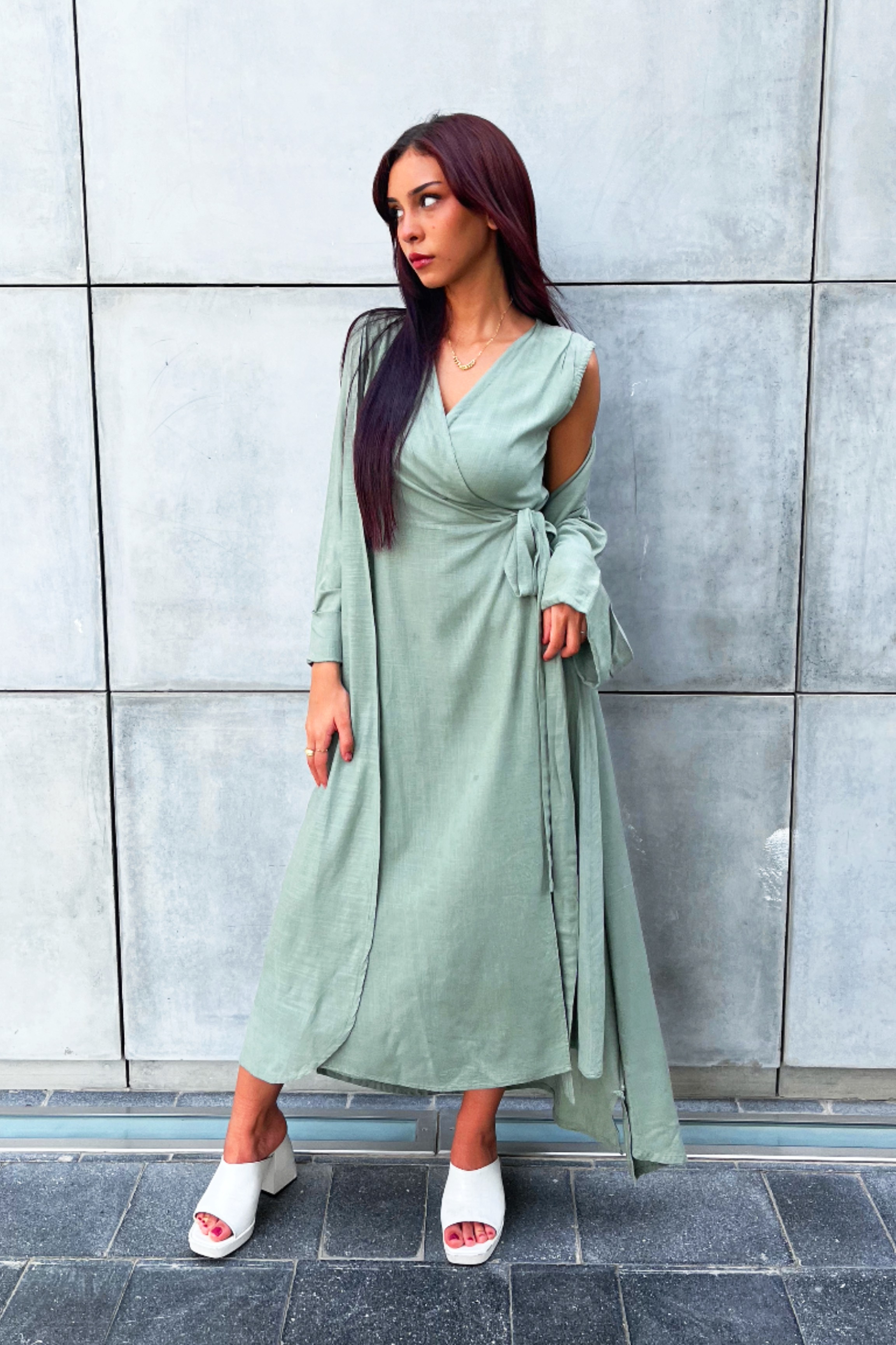 Linen Wrap Dress & Abaya Set