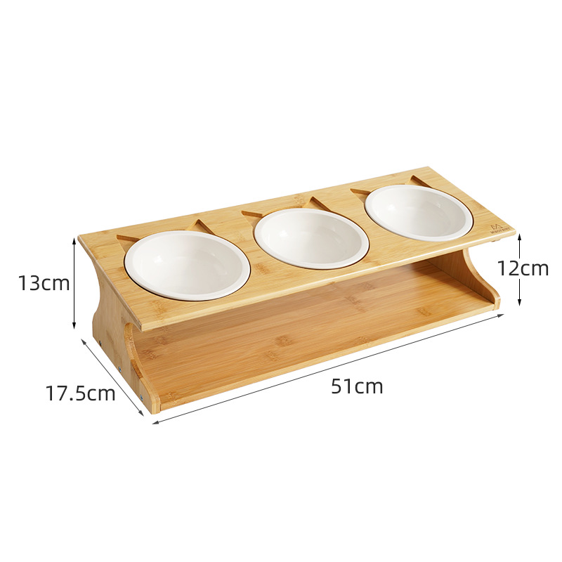 Upgraded Raised Cat Bowl with Bamboo Stand, Elevated Pet Feeder with 3 Bowls