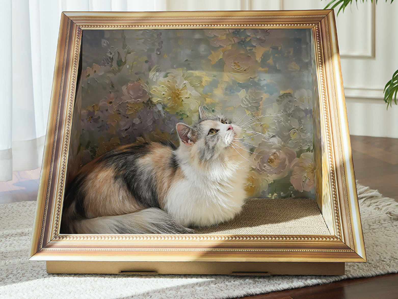 Framed Cat Wall Bed with Scratching Board – Painting-Style Wall Decor (Flowers)