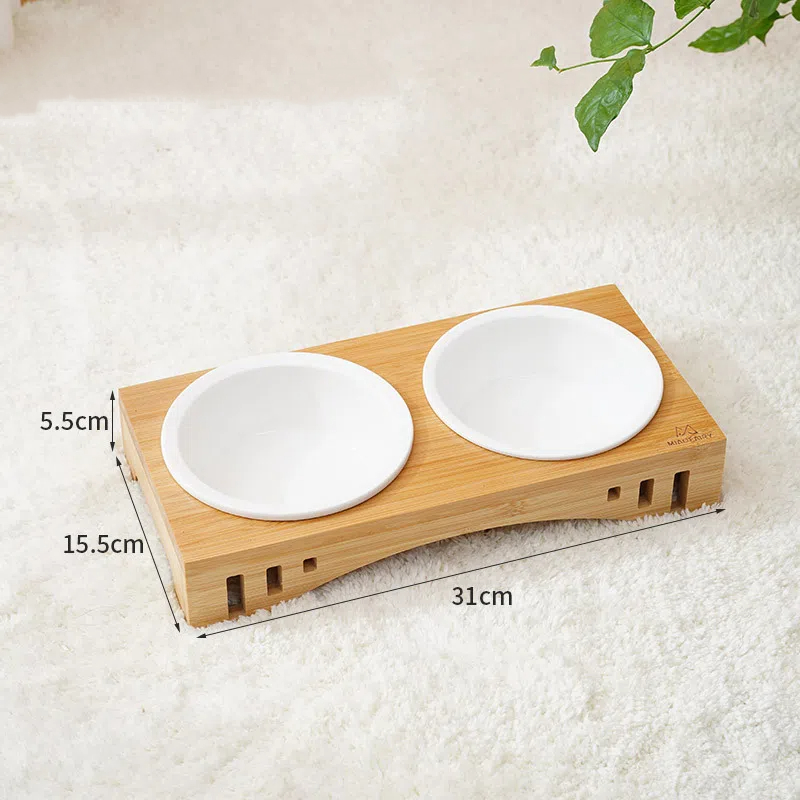 Raised Cat Bowl with Bamboo Stand, Elevated Pet Feeder with 2 Bowls