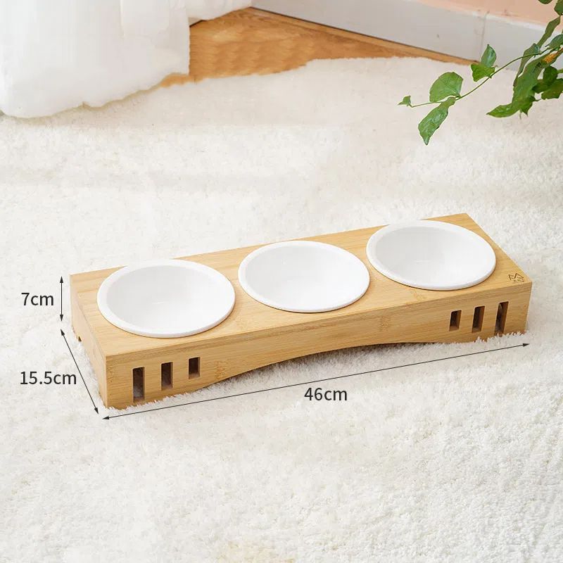 Raised Cat Bowl with Bamboo Stand, Elevated Pet Feeder with 3 Bowls