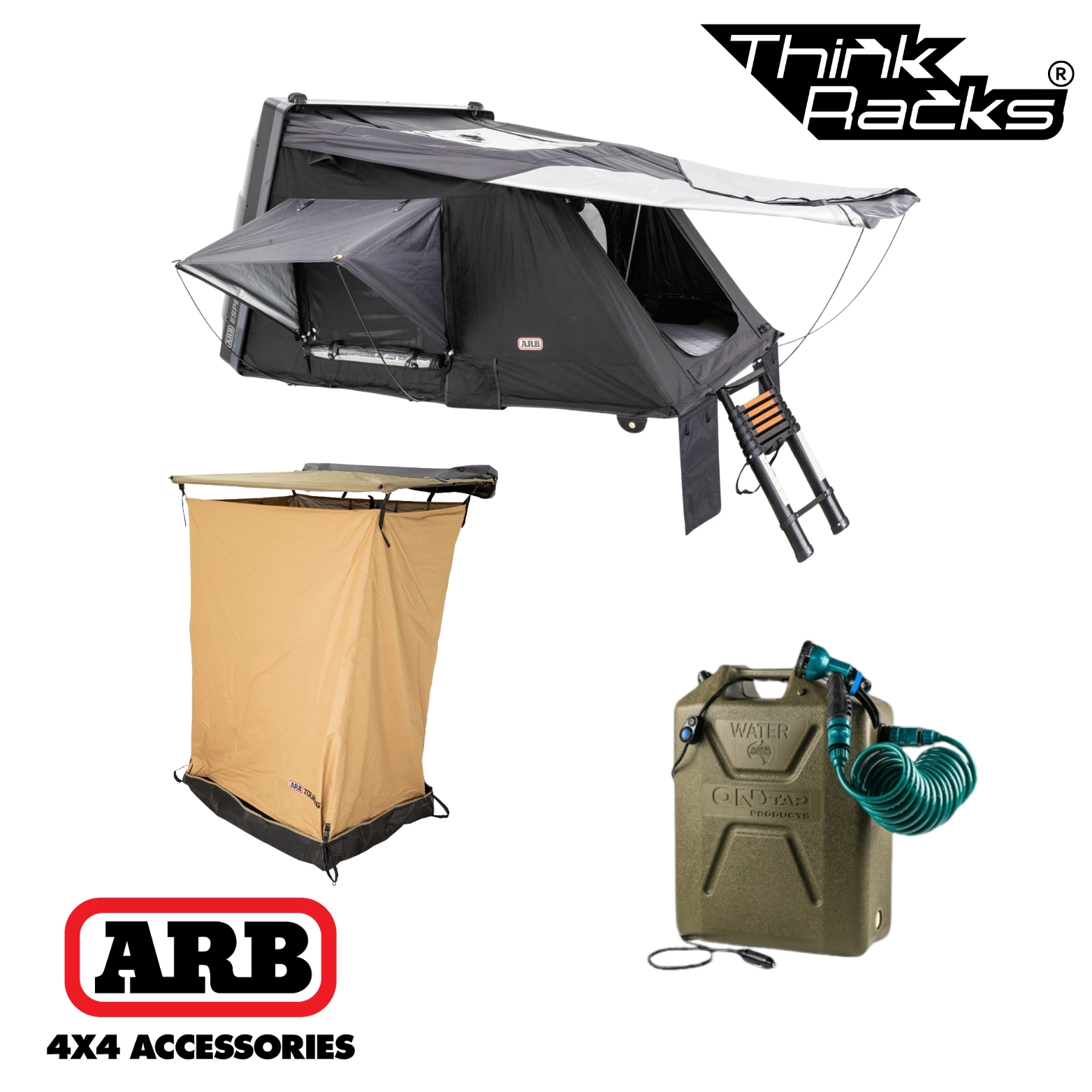 ARB ESPERANCE TENT V2 COMPACT HARDSHELL + ARB ENSUITE ROOM W/ FLOOR INSTANT SHOWER TENT + ONTAP SHOWER GREEN
