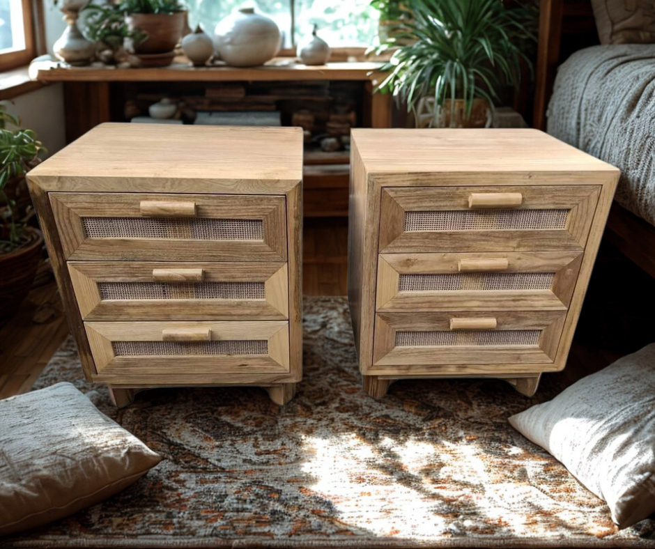 Set of 2 the Serene Rattan Bedside Tables