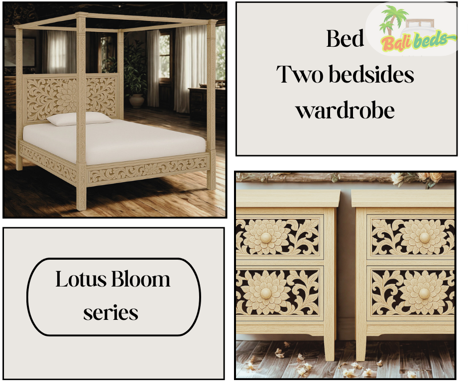 The Lotus haven Canopy BED Package bed and 2 Bedsides 