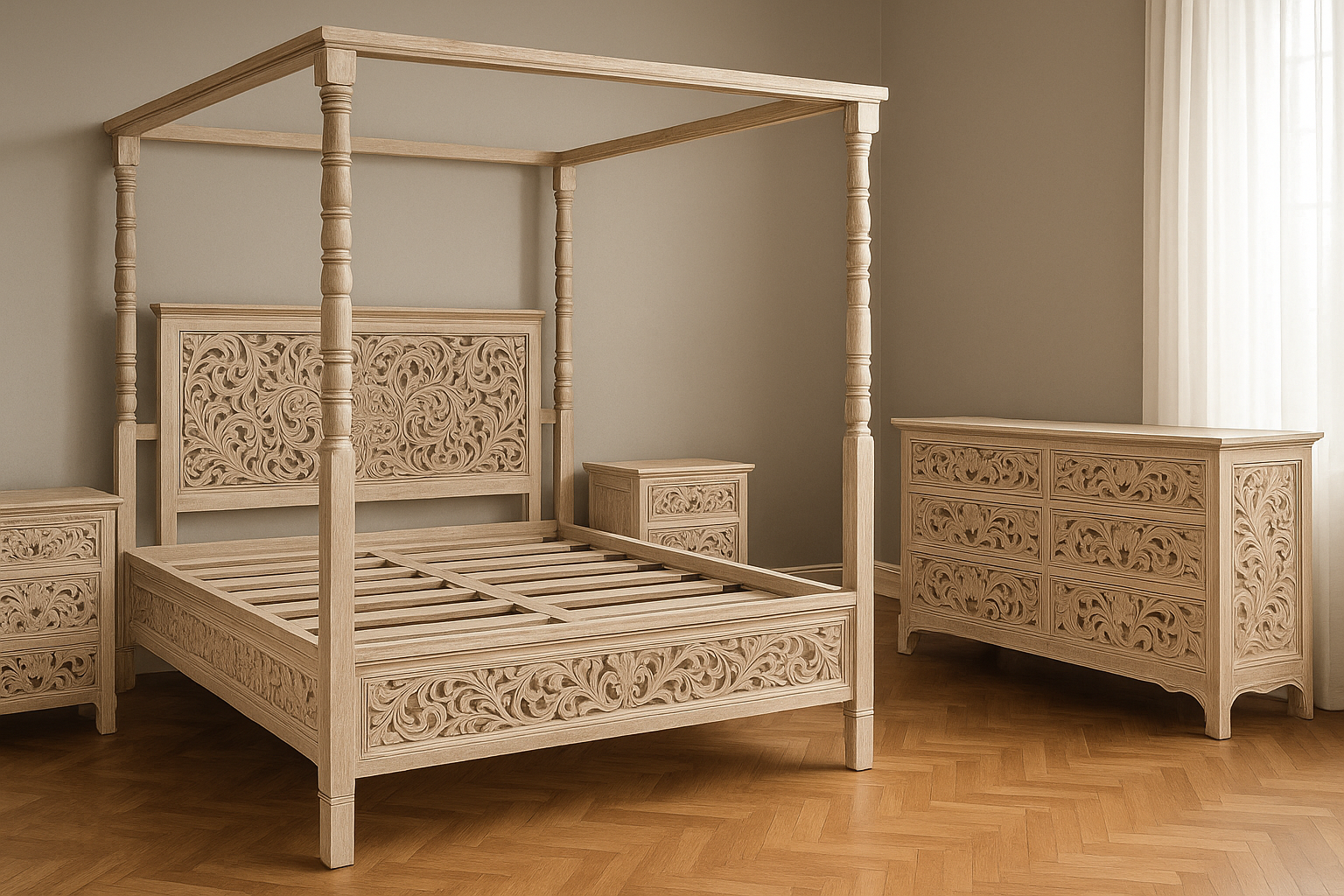 Ubud Canopy Bed series Package bed , 6 draw dresser and 2 Bedsides 