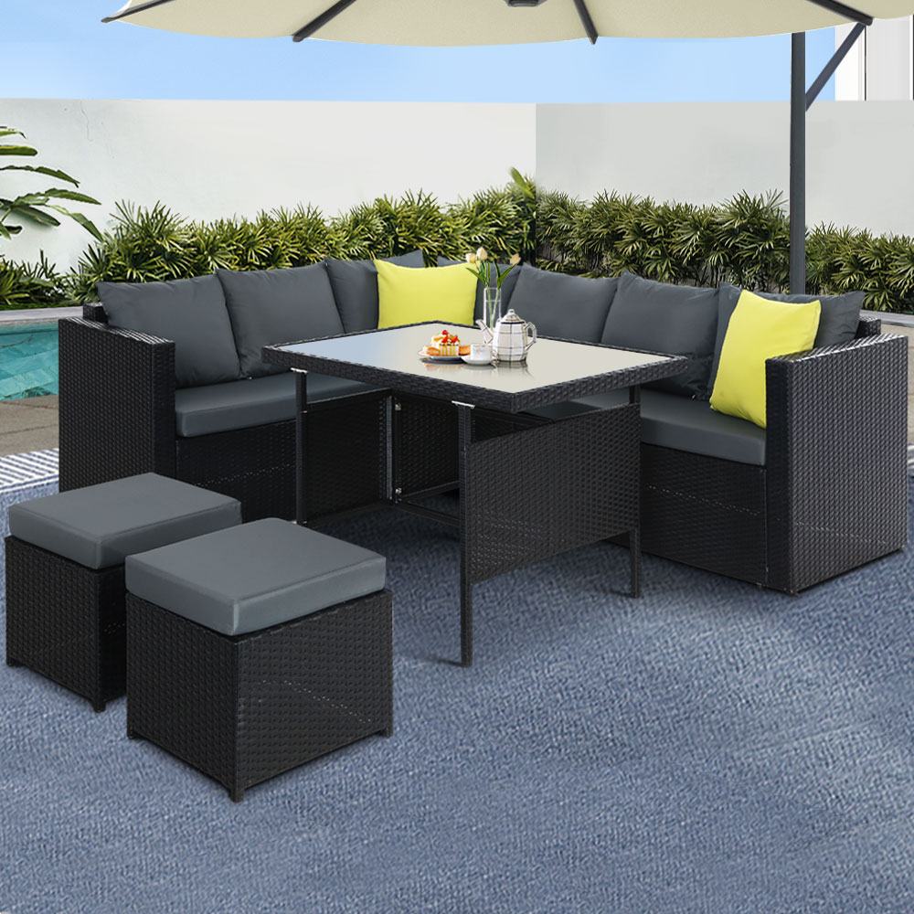 Garden Outdoor Dining Set Aluminum Table Chairs Wicker Setting Black