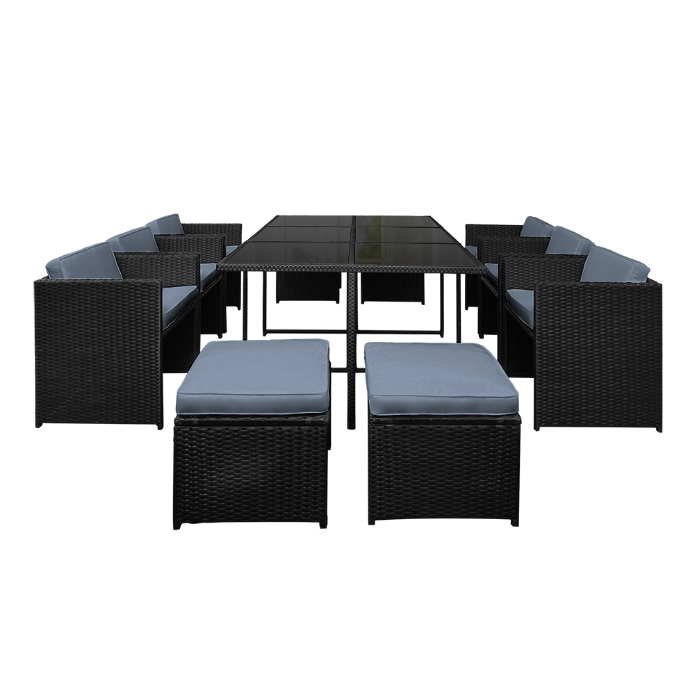  Wicker Table Chairs Setting Black Gardeon Outdoor Dining Set 11 Piece