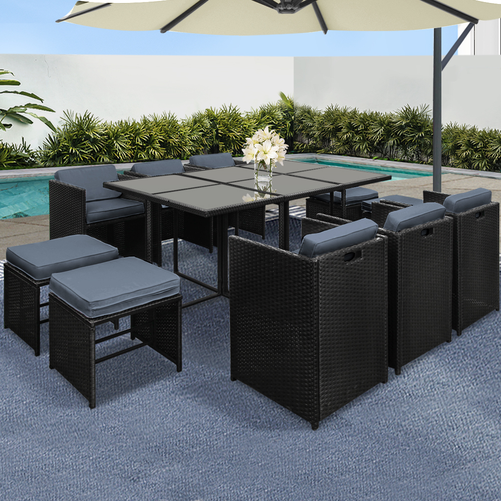  Wicker Table Chairs Setting Black Gardeon Outdoor Dining Set 11 Piece