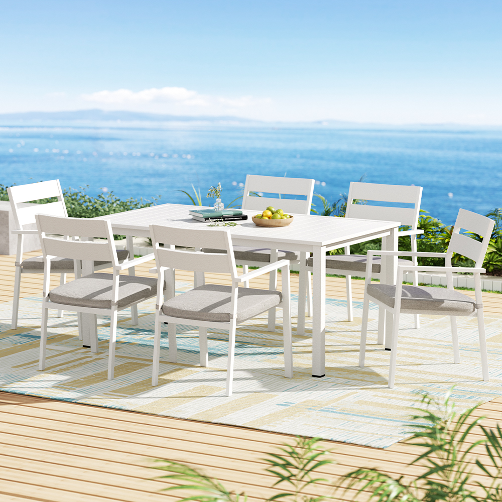 Gardeon 7-Piece Outdoor Dining Set – White Aluminum Elegance with Free Delivery