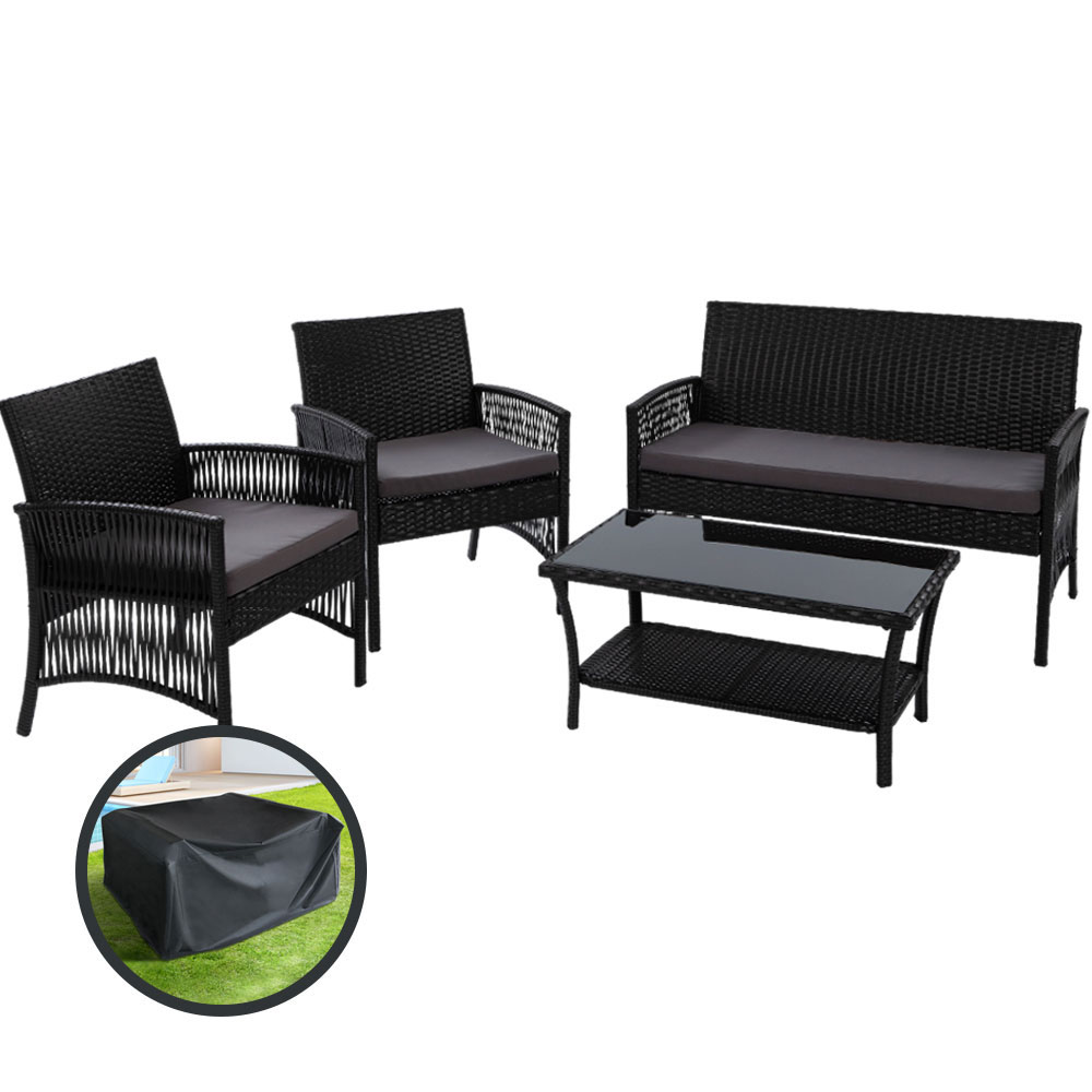 Gardeon 4PCS Outdoor Sofa Set with Storage Cover Wicker Harp Chair Table Black