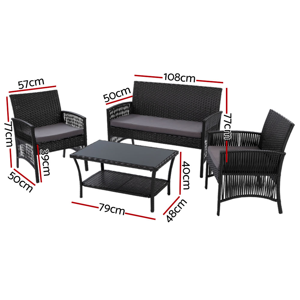 Gardeon 4PCS Outdoor Sofa Set with Storage Cover Wicker Harp Chair Table Black