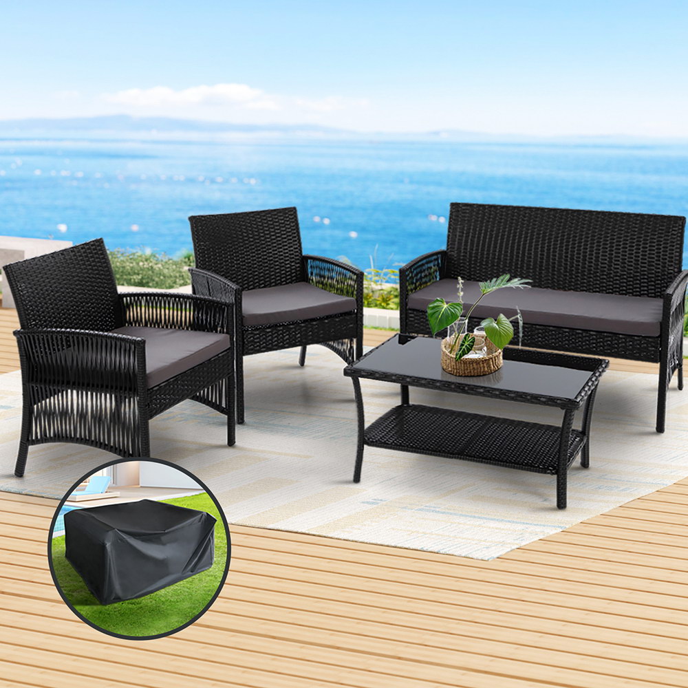 Gardeon 4PCS Outdoor Sofa Set with Storage Cover Wicker Harp Chair Table Black