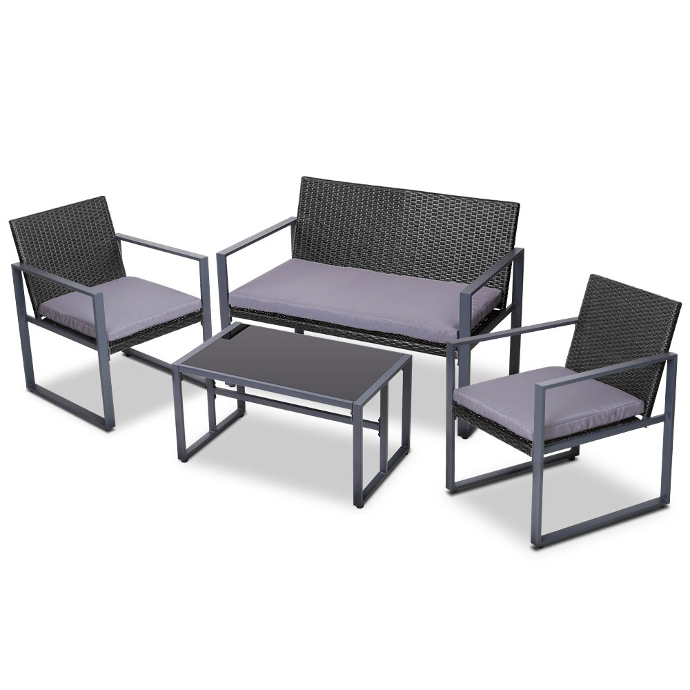 Gardeon 4-Piece Outdoor Lounge Set – Black Wicker with Cushions 