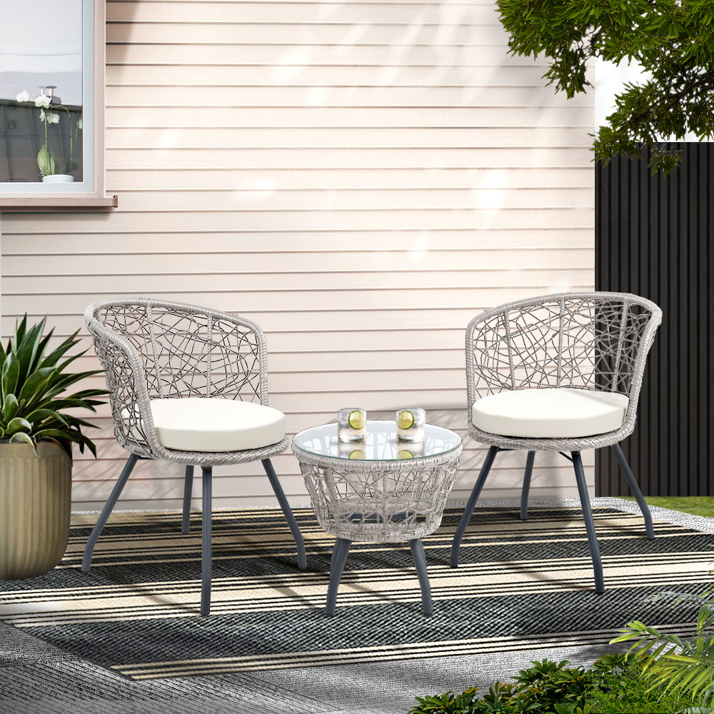 Gardeon 3PC Bistro Set Outdoor Furniture Rattan Table Chairs Patio Garden Cushion
