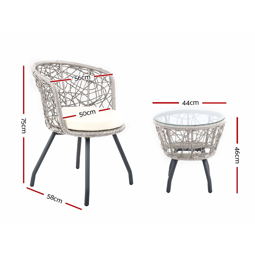 Gardeon 3PC Bistro Set Outdoor Furniture Rattan Table Chairs Patio Garden Cushion