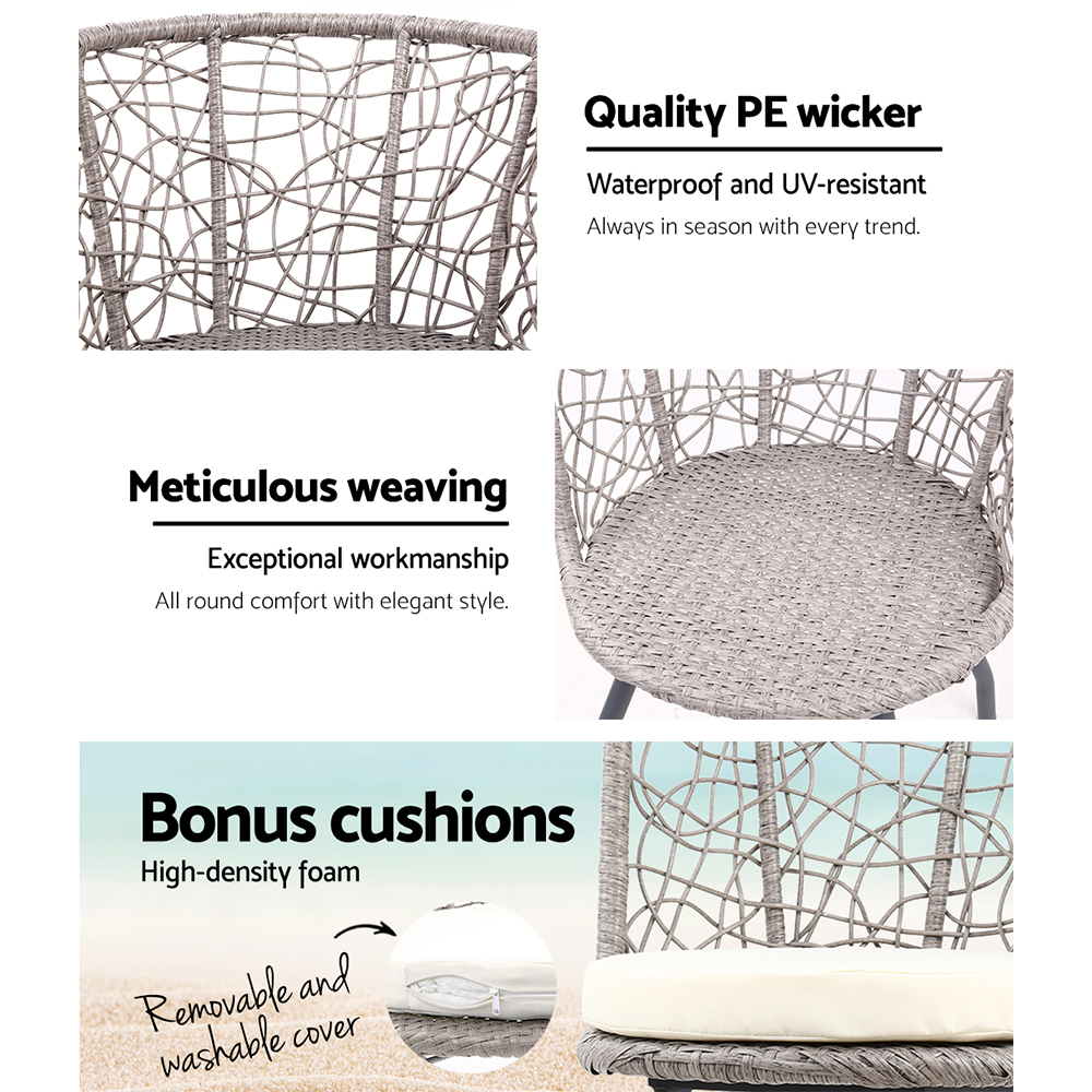 Gardeon 3PC Bistro Set Outdoor Furniture Rattan Table Chairs Patio Garden Cushion