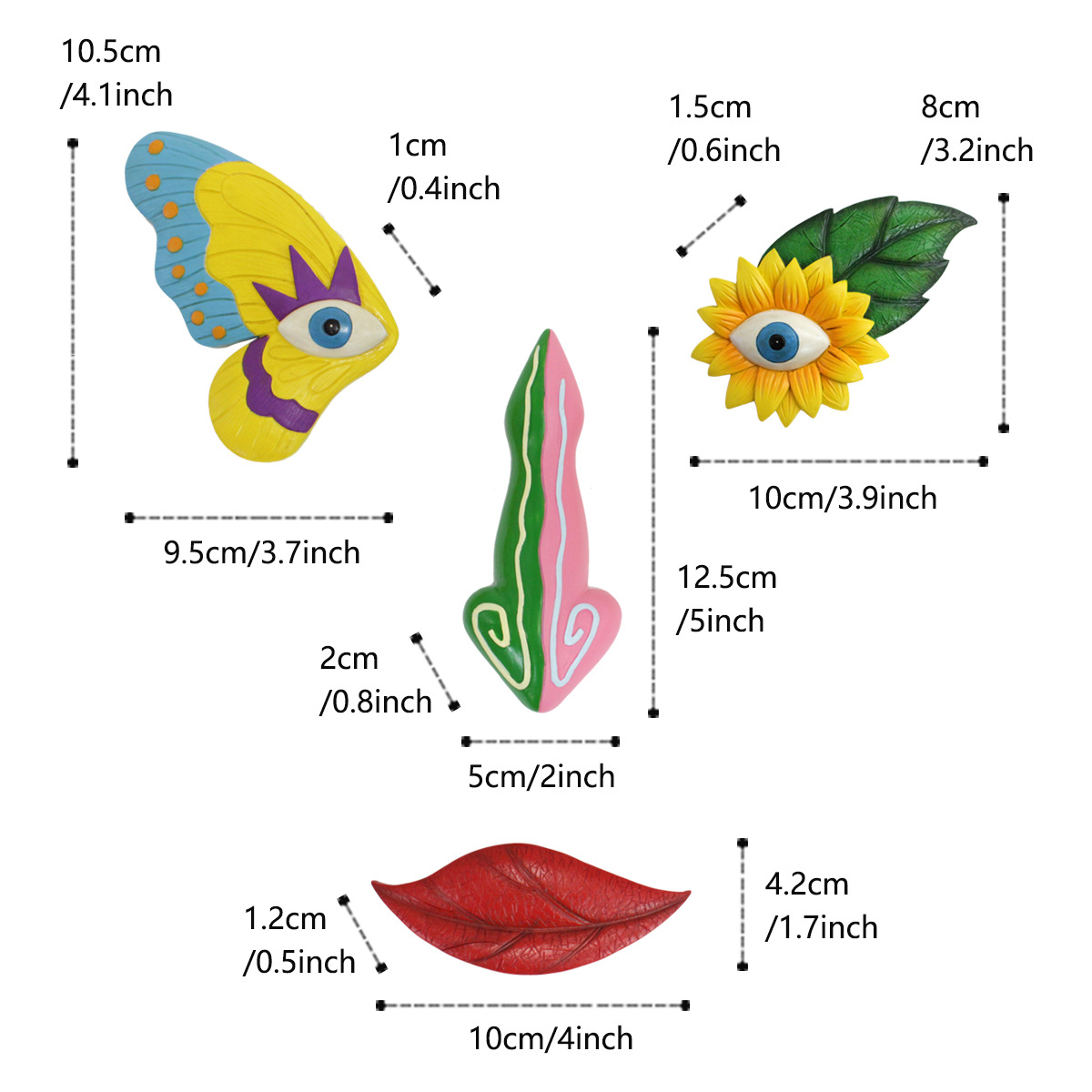 Colorful Vibrant Resin Tree Face Art - 4 Piece Whimsical Outdoor Garden & Wall Decor Set