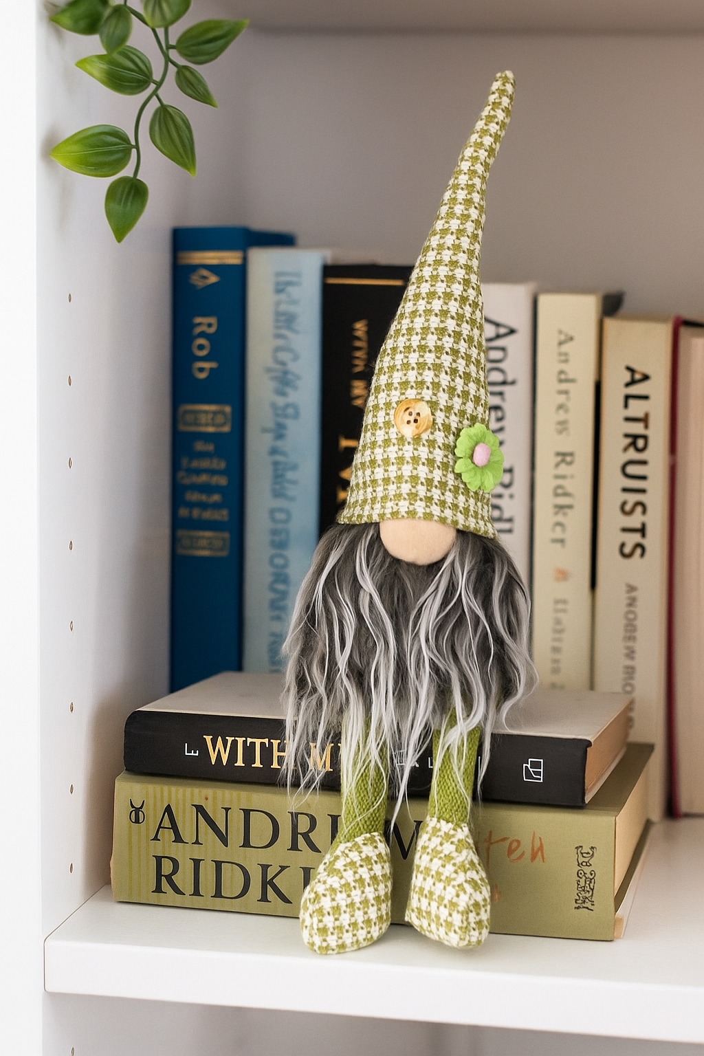 2 Pcs Charming Green Houndstooth Gnome - Plush Faceless Gonk with Long Dangle Legs - Adorable Shelf Sitter Home Decor Accent