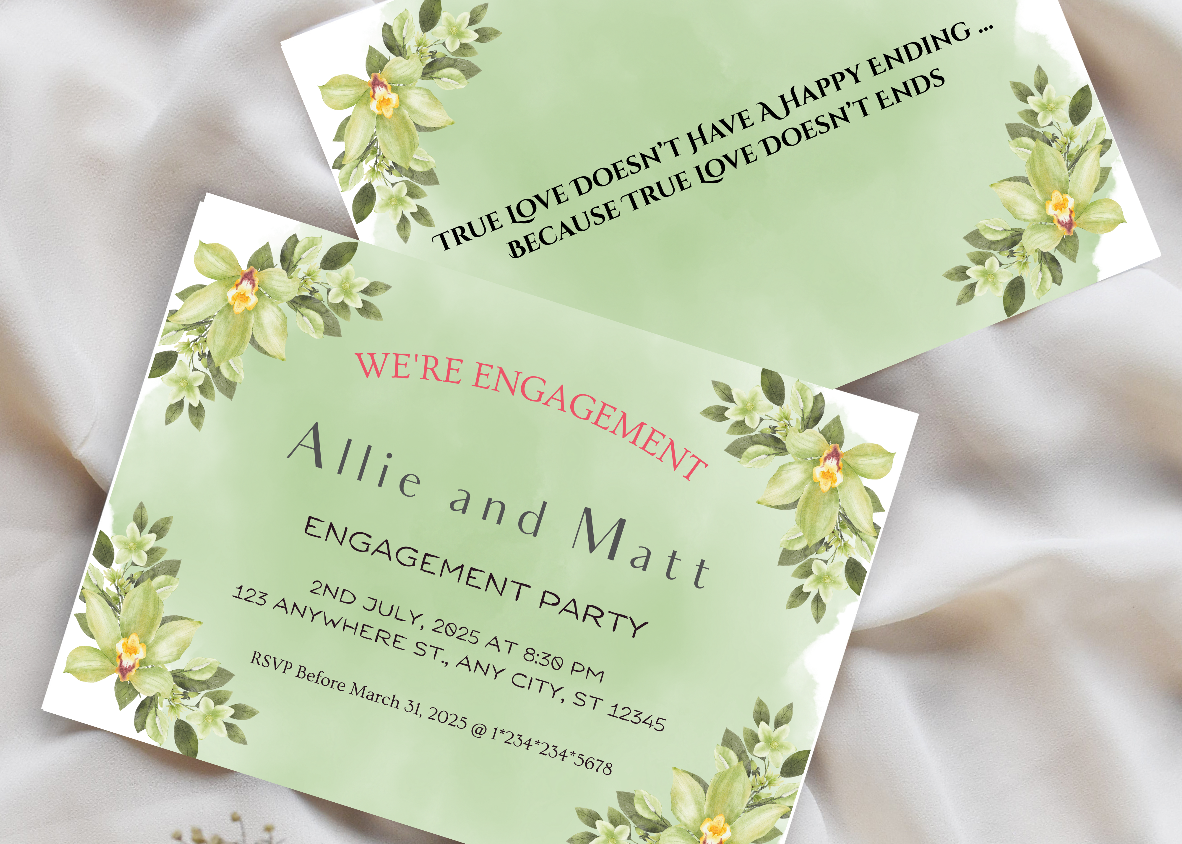Green Floral Engagement Invitation Set – Editable Canva Templates with RSVP & Advice Card – 5x7 & 4x6 Sizes