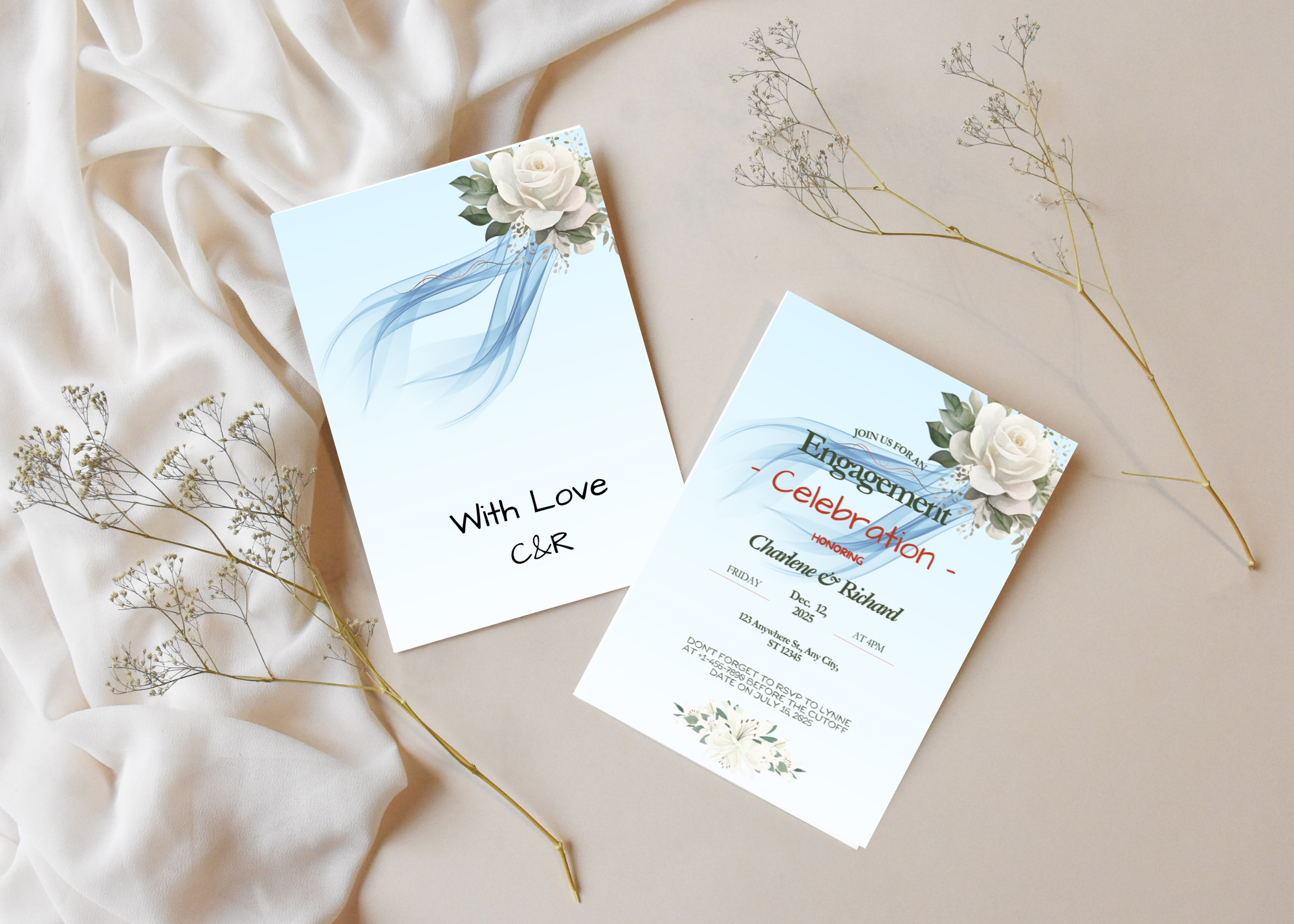 Elegant Blue & White Engagement Invitation Set