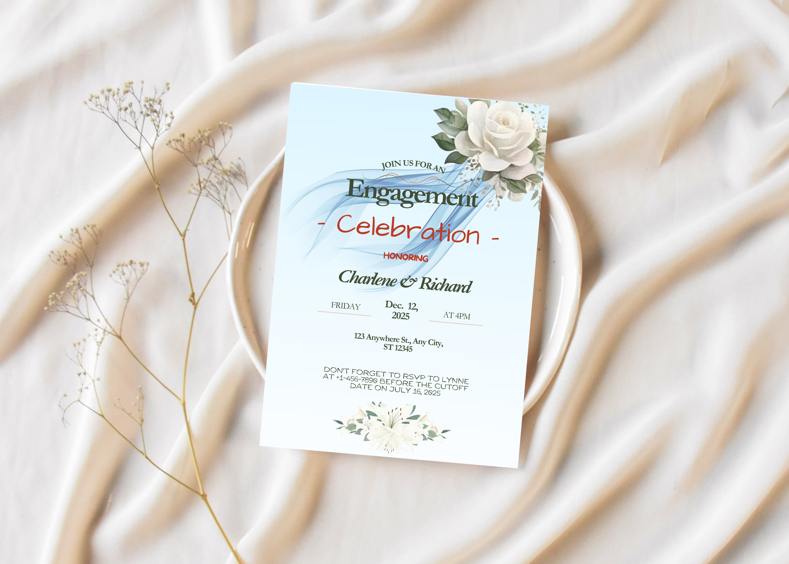 Elegant Blue & White Engagement Invitation Set