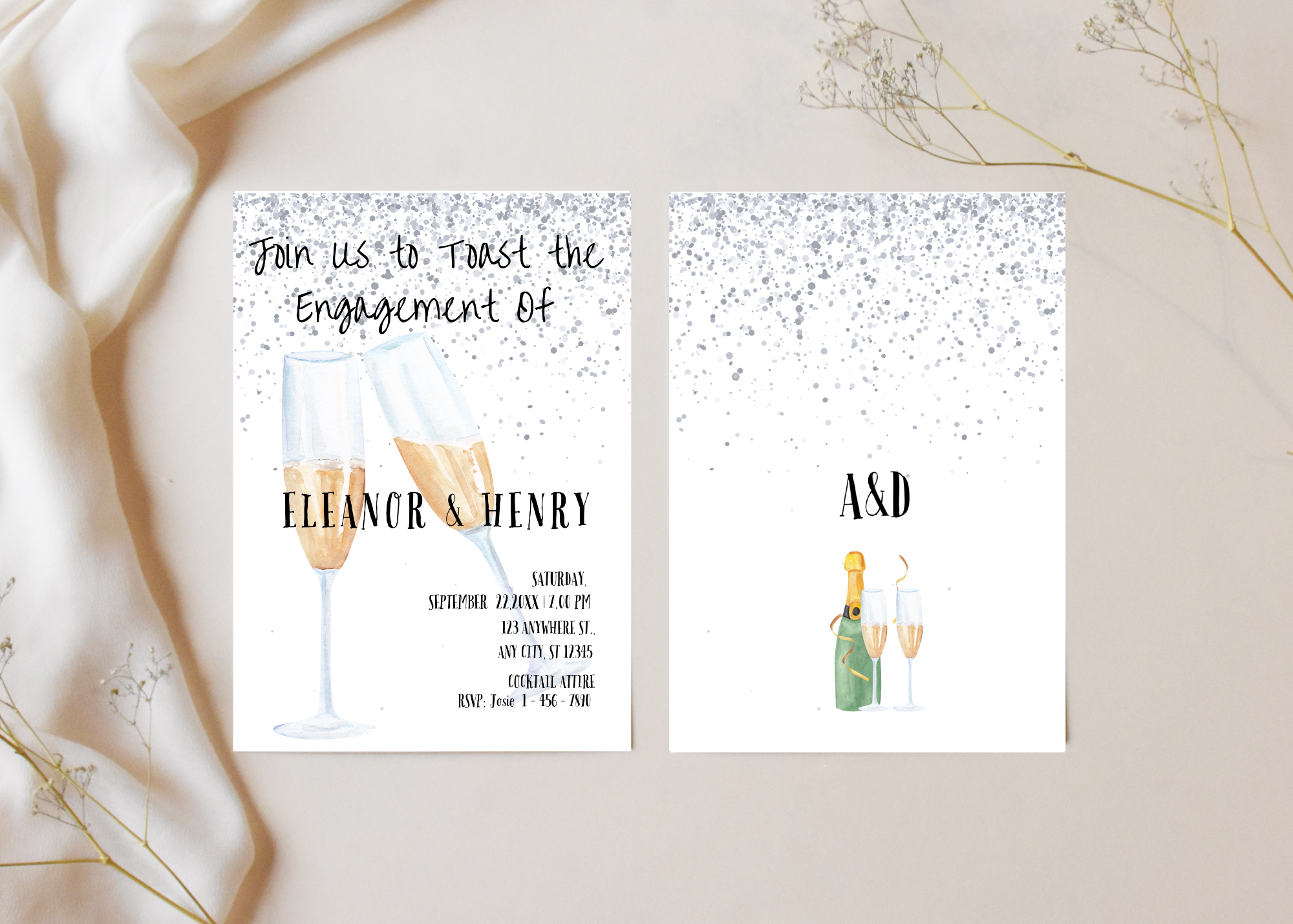 ✨ Champagne Toast Engagement Invitation Template – Instant Download