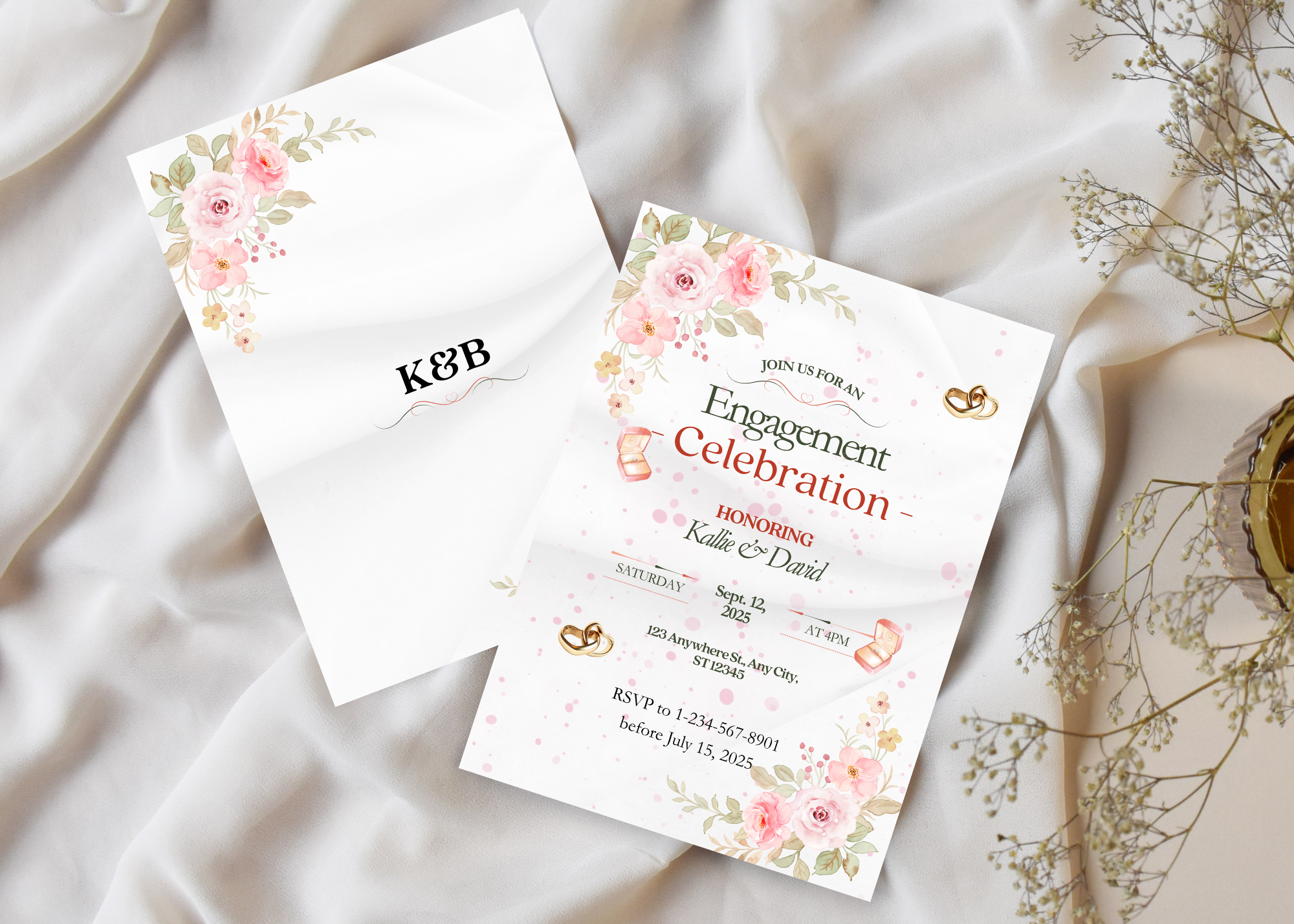 💍 Pink Rose Engagement Invitation Set – Instant Download