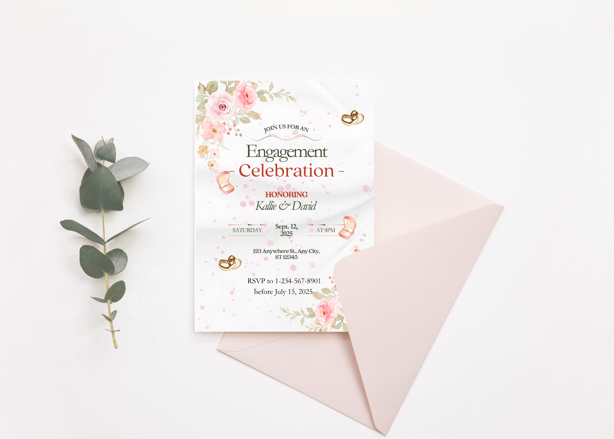 💍 Pink Rose Engagement Invitation Set – Instant Download
