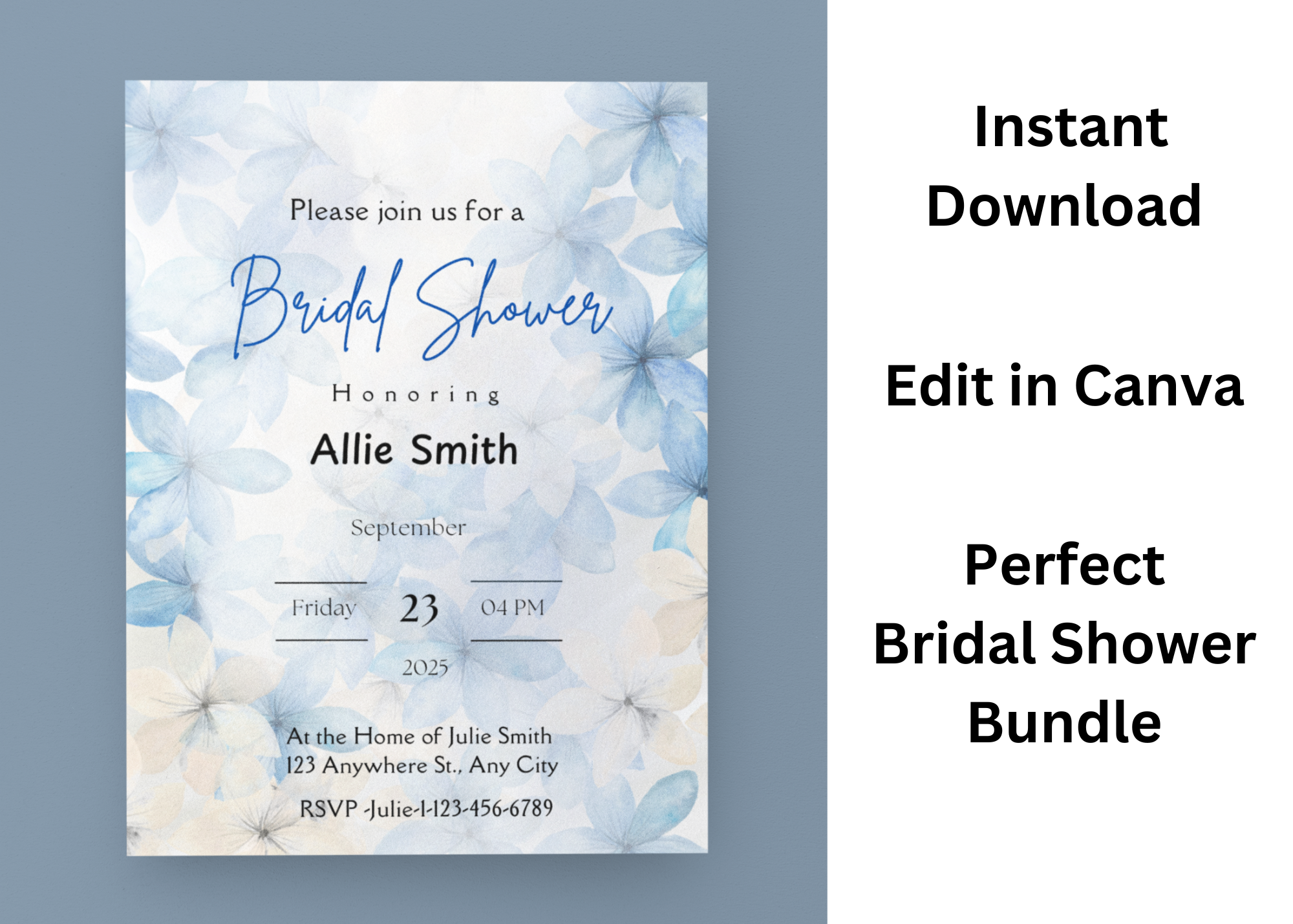 Blue Watercolor Bridal Shower Invitation – Editable Canva Template