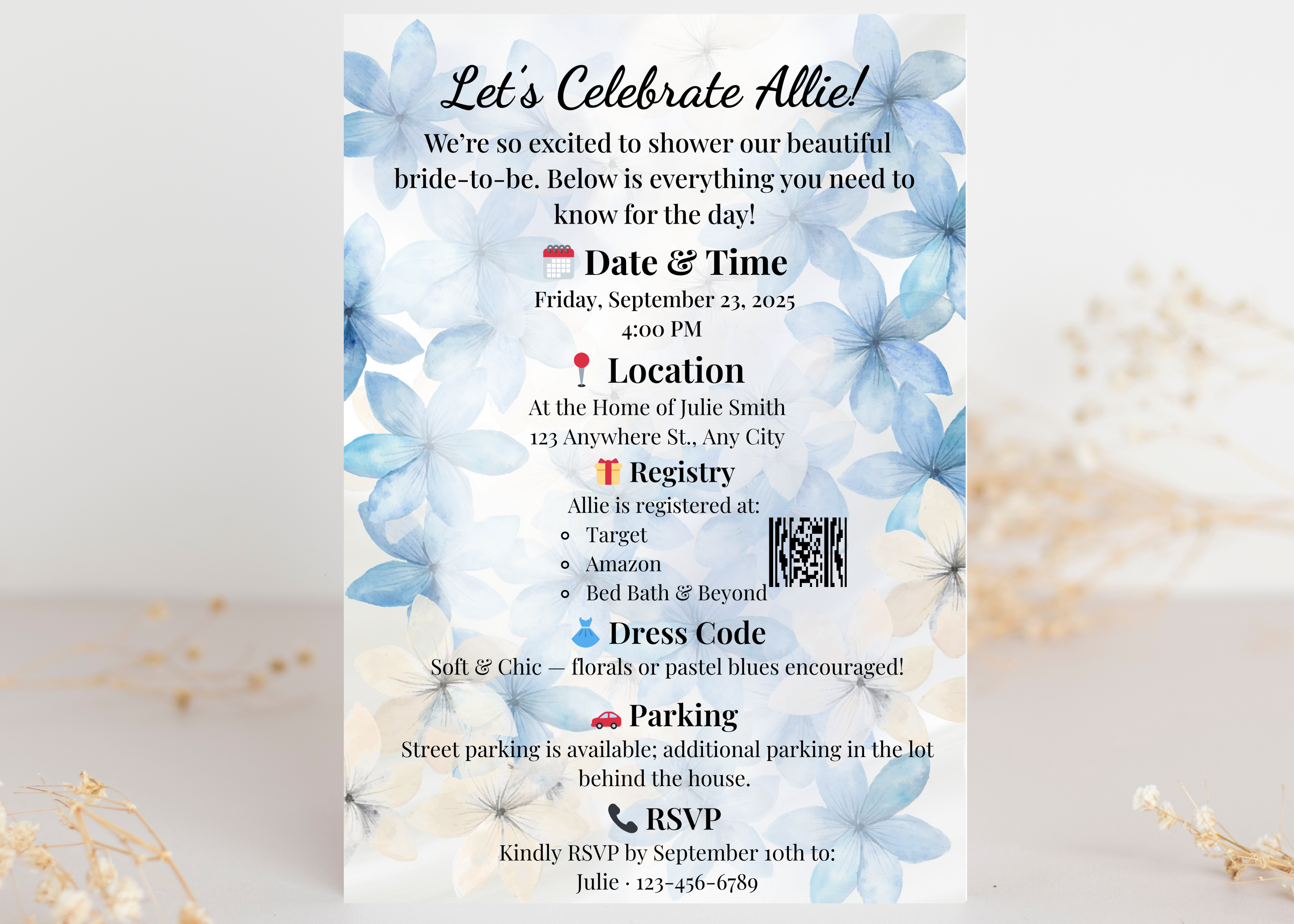 Blue Watercolor Bridal Shower Invitation – Editable Canva Template
