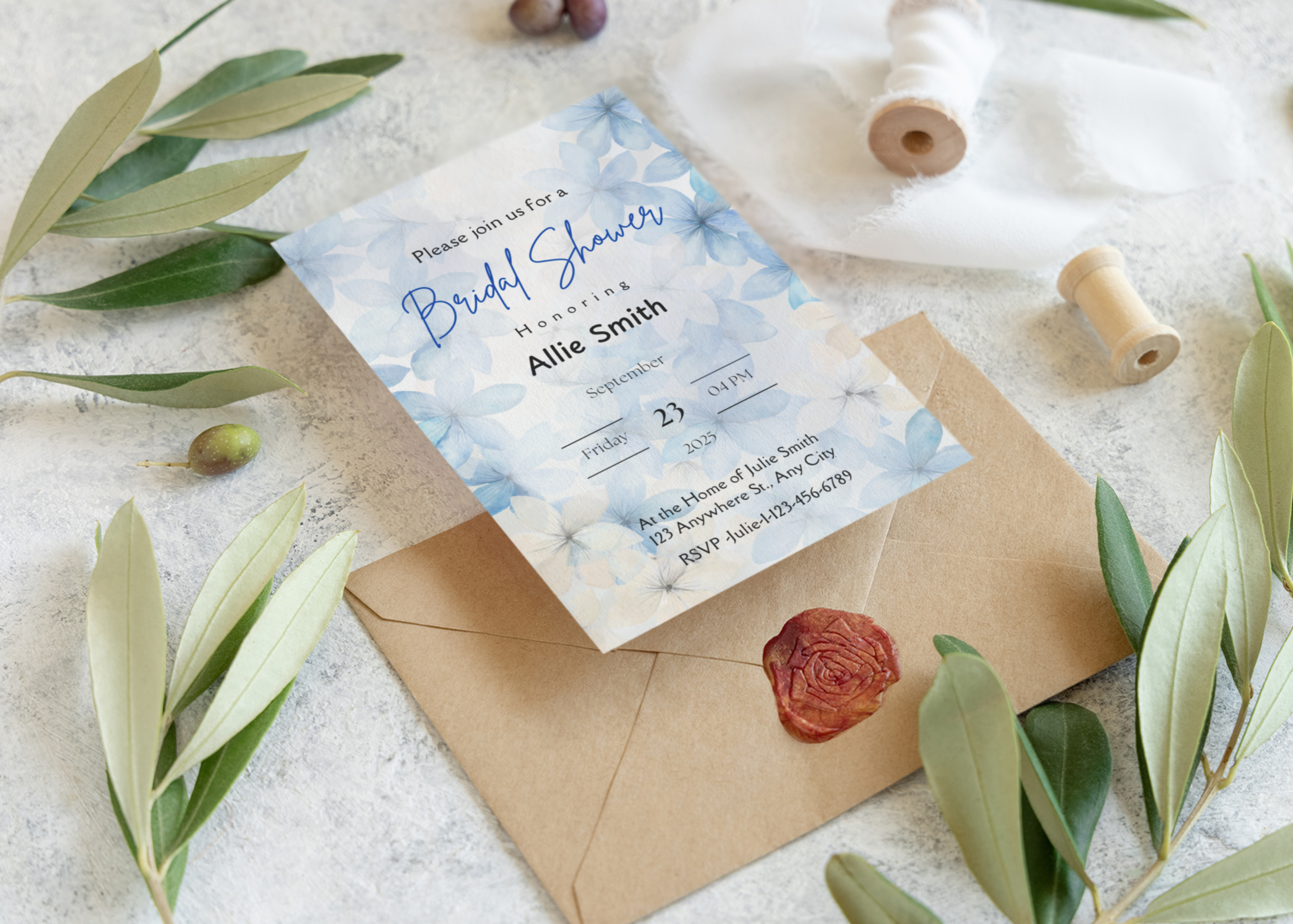 Blue Watercolor Bridal Shower Invitation – Editable Canva Template