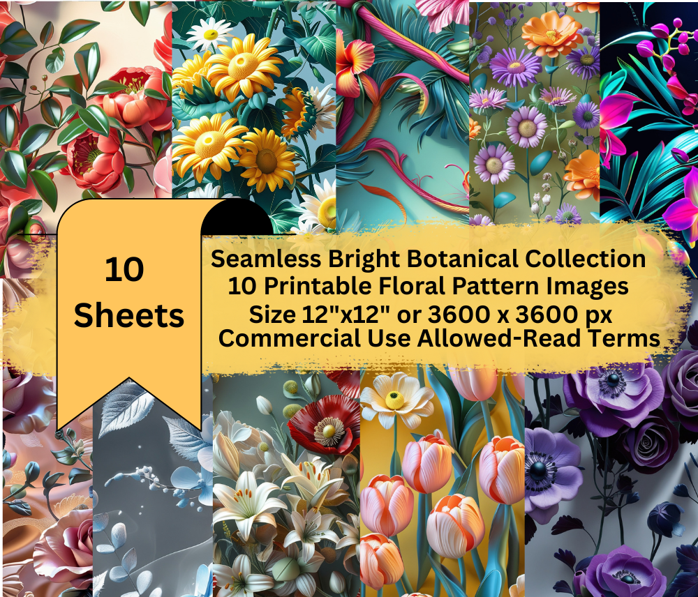 Bright Botanical Floral Bundle – 10 Seamless Digital Papers (12x12")