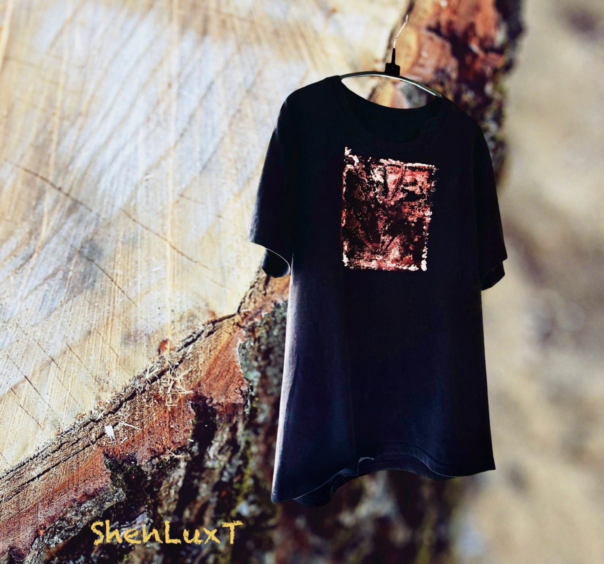 Hand Painted Red black Leaf  abstract Cotton Black T shirt 
