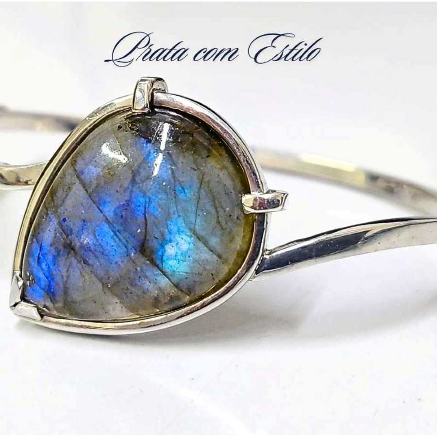 Pulseira de Prata com Labradorita Pedra Natural.