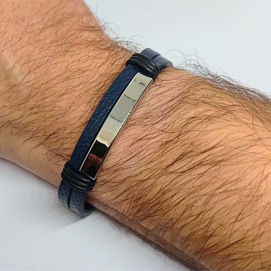Pulseira Masculina de Couro Natural e Aço, Fecho com Trava. Valor com Gravação.