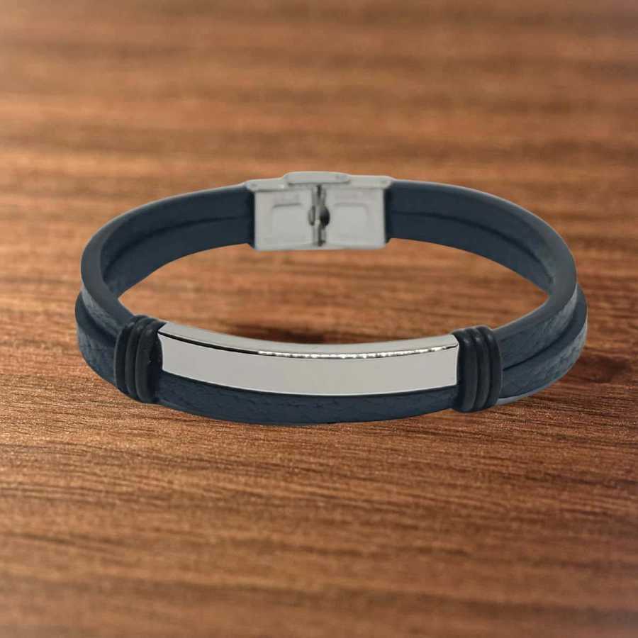Pulseira Masculina de Couro Natural e Aço, Fecho com Trava. Valor com Gravação.