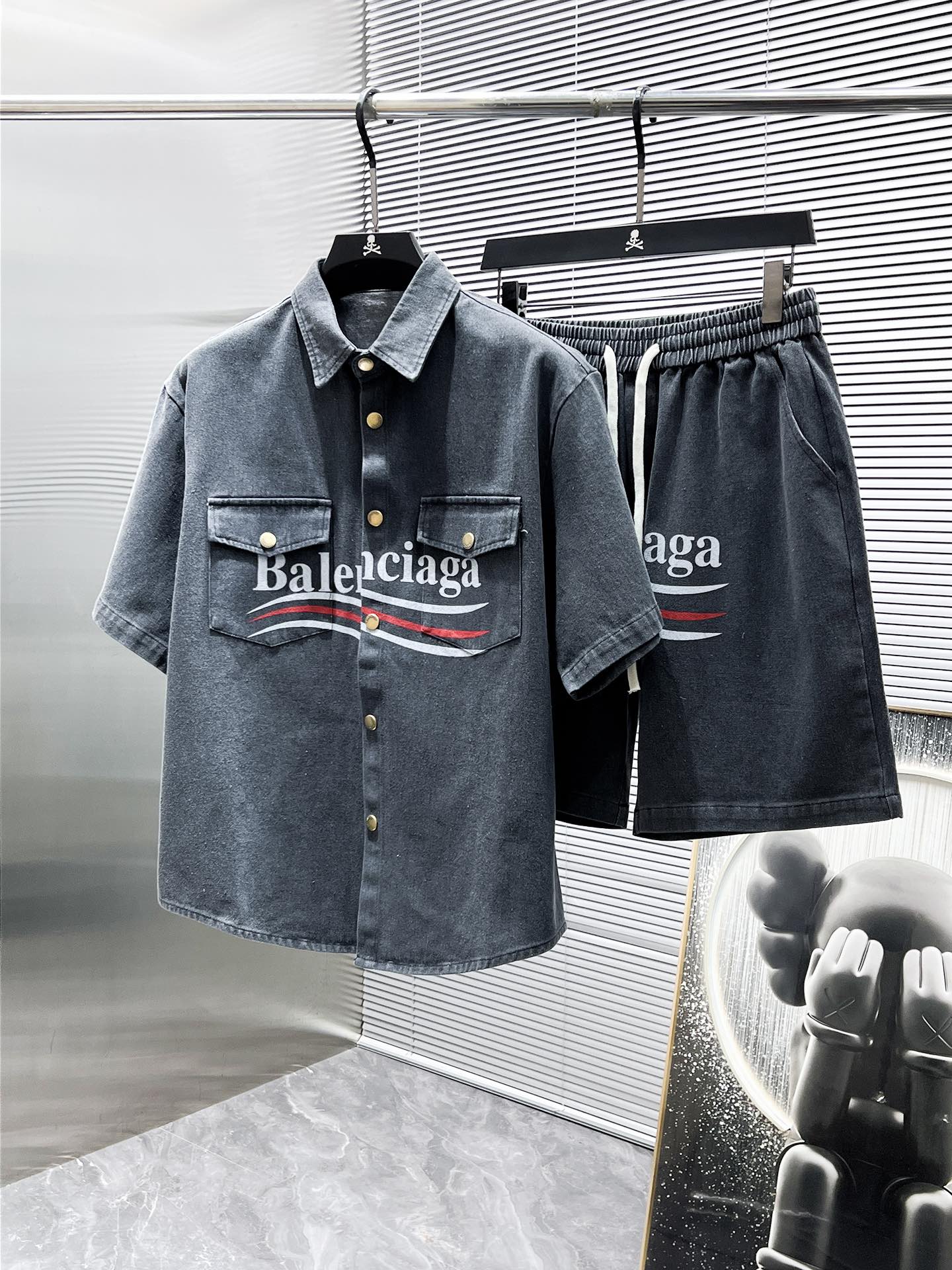 Balenciaga Denim Shirt and Shorts Set - Grey