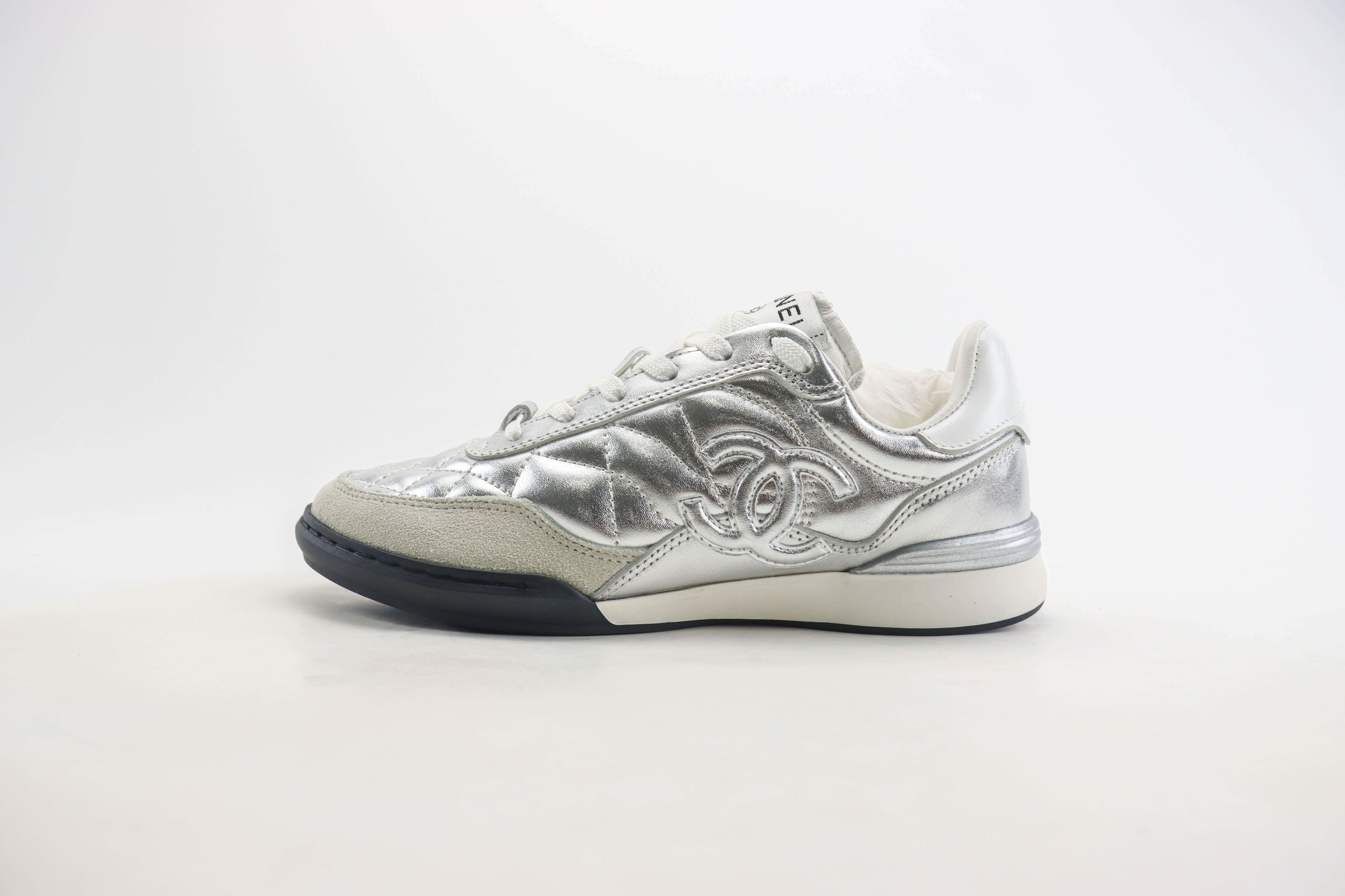 Chanel Laminated Calfskin, Calfskin & Suede Calfskin Silver & White