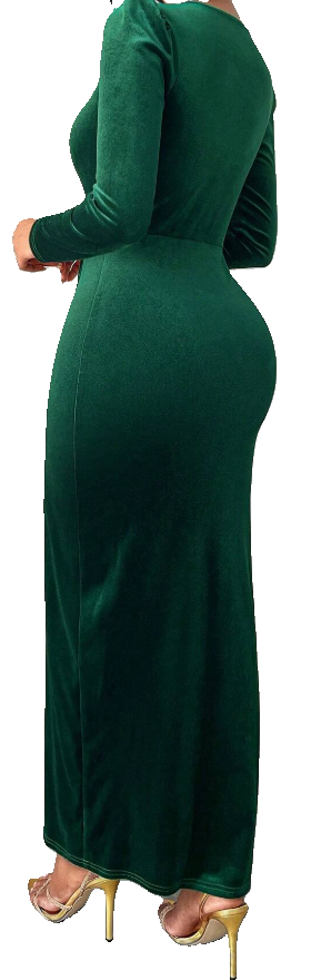 Elegant V - Neck Ruched Wrap Side Slit Velvet Dress
