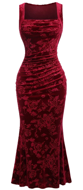 Velvet Evening Dress Floral Rose Pattern Mermaid Style Square Neck