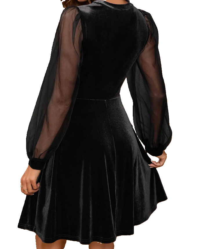 Velvet Cocktail Fit and Flare Sheer Mesh Sleeves Dress