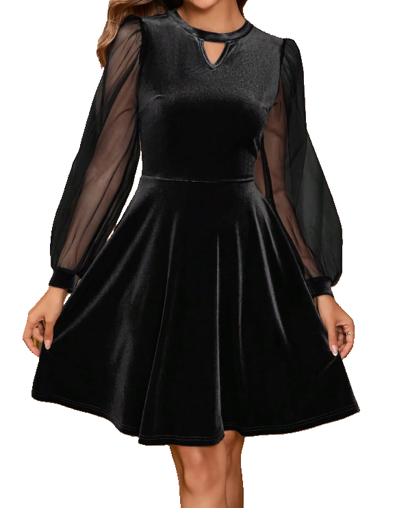Velvet Cocktail Fit and Flare Sheer Mesh Sleeves Dress